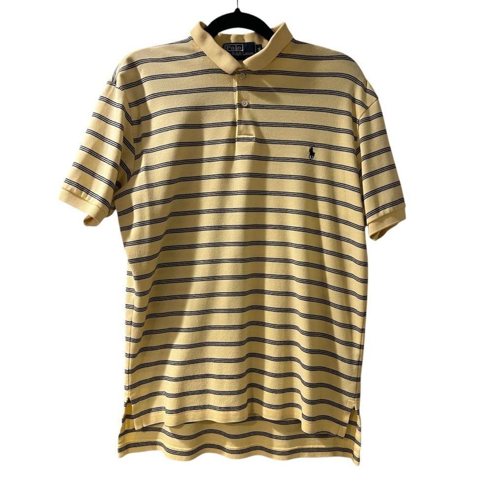 Vintage 100% Cotton Polo Ralph Lauren Yellow Polo Shirt with Blue Stripes- Sz S